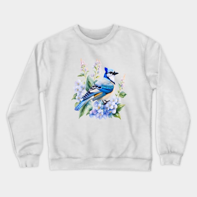 Watercolor Blue Jay and Blue Hydrangeas Crewneck Sweatshirt by tfortwo